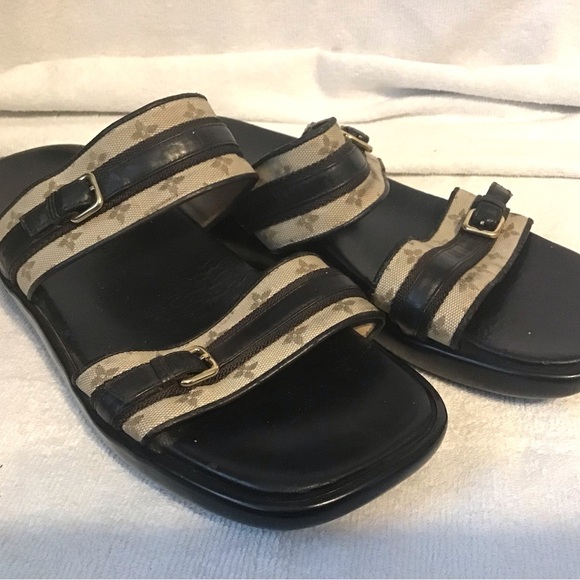 Authentic Louis Vuitton Black Mini Lin Slide on Heels Size  Louis Vuitton Mini Lin Sandals Sz 8.5